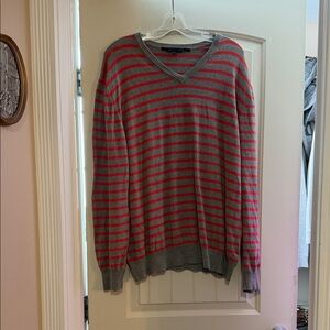 GAP Men's V-Neck Sweater in Gray and Red Stripes